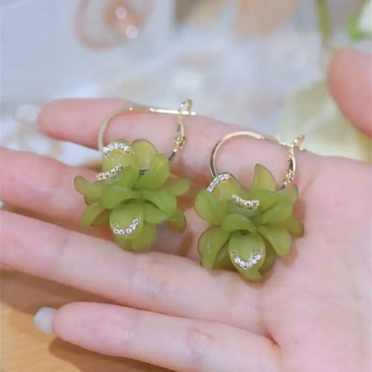 Green Magnolia Flower Earrings