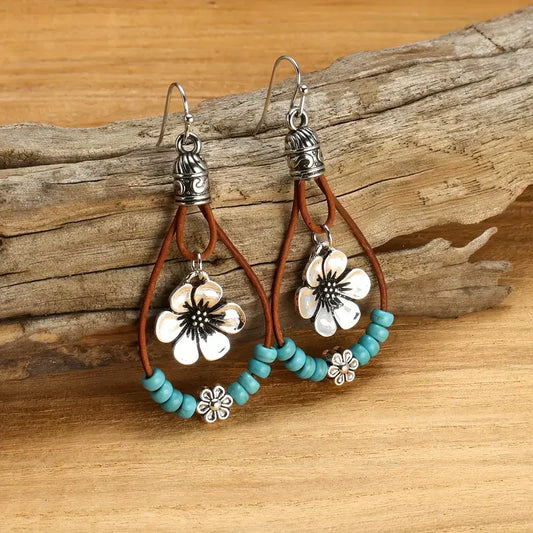 Vintage Floral Leather Earrings | White Gold